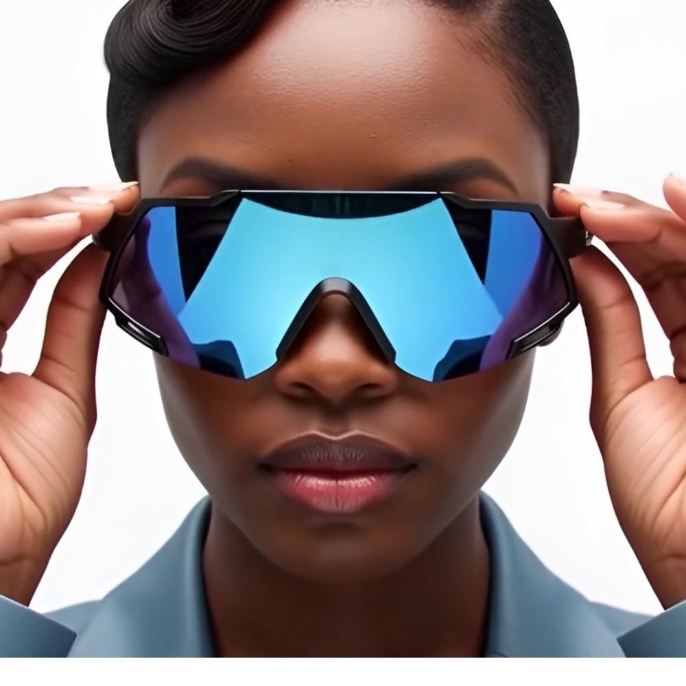 Sporty Shield Sunglasses Blue Mirrored Lens Black Frame UV400 Protection Women